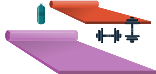 Yoga mats alongside free weights in the office building gym