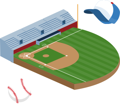 A view of a baseball field alongside a team hat and a ball that might be caught by a lucky fan during the game