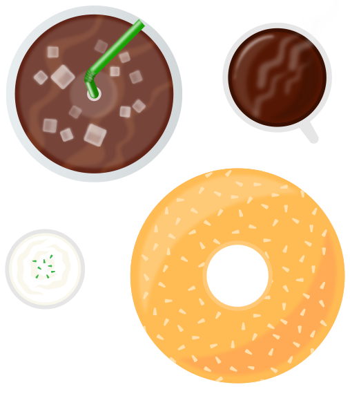 Cups of hot and iced coffee alongside a bagel with cream cheese