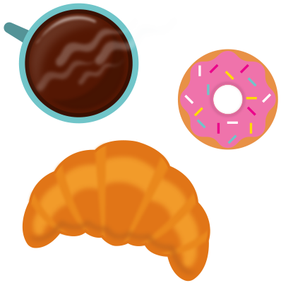 A cup of hot coffee alongside a donut and croissant for a breakfast treat